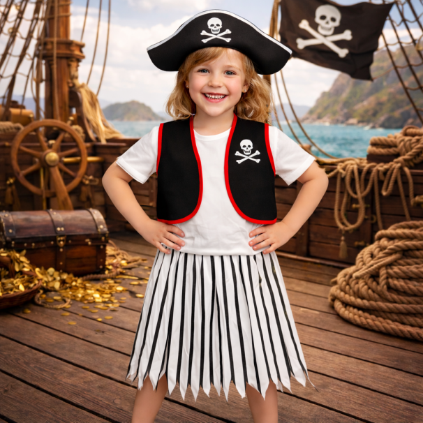 KORSAN KIZ KOSTÜMÜ YELEKLİ ÇİZGİLİ ETEKLİ KORSAN KIZ KOSTÜMÜ YELEKLİ ÇİZGİLİ ETEKLİ