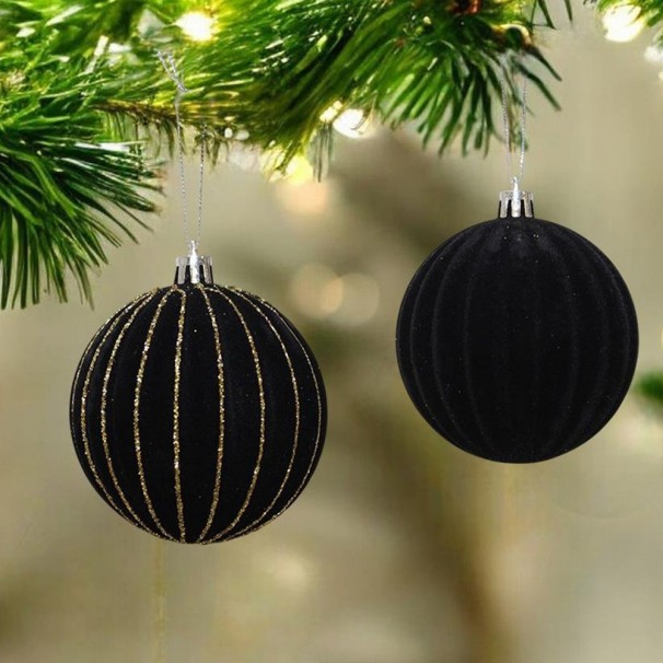 ALTIN SİM ŞERİTLİ KADİFE NOEL TOPU 8CM 4LÜ SİYAH